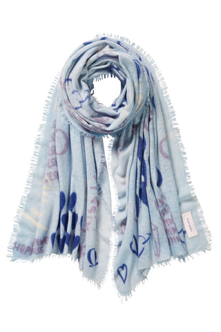 Kaschmirschal Graffiti Love Sky Blue – bedruckt, 100 % Cashmere | PURSCHOEN