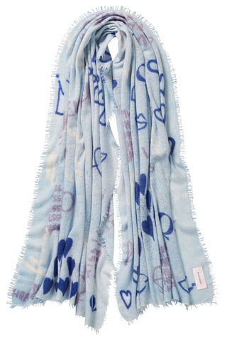 Kaschmirschal Graffiti Love Sky Blue – bedruckt, 100 % Cashmere | PURSCHOEN