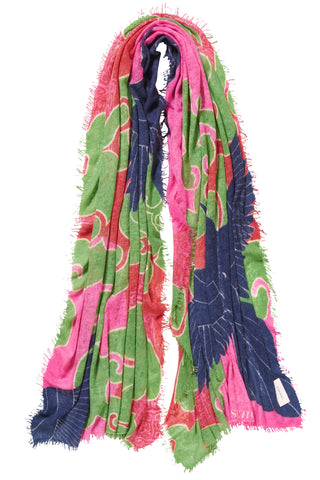 Kaschmirschal Himmelsflug Pink-Military Dark – bedruckt, 100 % Cashmere | PURSCHOEN
