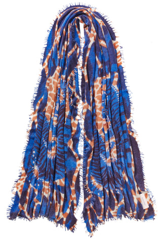 Kaschmirschal Tiger of Nepal Blue – bedruckt, 100 % Cashmere | PURSCHOEN
