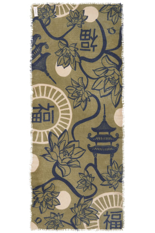 Kaschmirschal Temple of Silence Olive Navy – bedruckt, 100 % Cashmere | PURSCHOEN