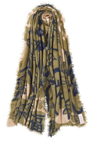Kaschmirschal Temple of Silence Olive Navy – bedruckt, 100 % Cashmere | PURSCHOEN