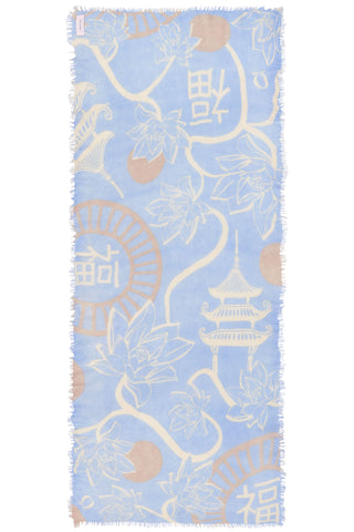 Kaschmirschal Temple of Silence Blue Sky Vanilla – bedruckt, 100 % Cashmere | PURSCHOEN