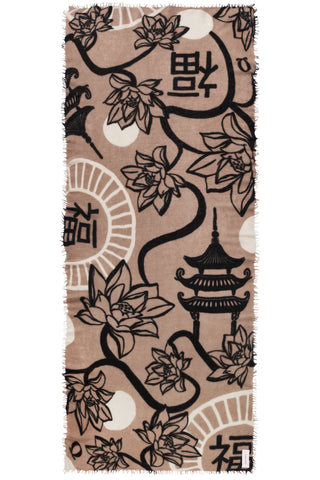 Kaschmirschal Temple of Silence Dark Sand Black – bedruckt, 100 % Cashmere | PURSCHOEN