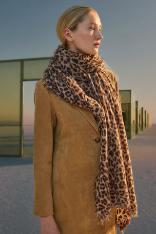 Kaschmirschal Leo Beige Schoko – bedruckt, 100 % Cashmere | PURSCHOEN