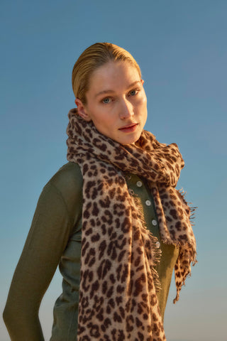 Kaschmirschal Leo Beige Schoko – bedruckt, 100 % Cashmere | PURSCHOEN