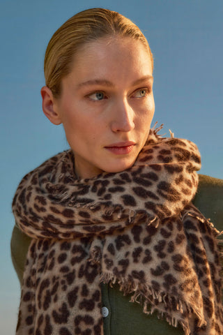 Kaschmirschal Leo Beige Schoko – bedruckt, 100 % Cashmere | PURSCHOEN