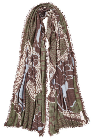 Kaschmirschal Tokyo Garden Military Chocolate – bedruckt, 100 % Cashmere | PURSCHOEN