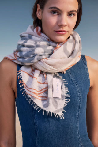 Kaschmirschal Neo Zahara Camel Classic-Stone Grey – bedruckt, 100 % Cashmere | PURSCHOEN